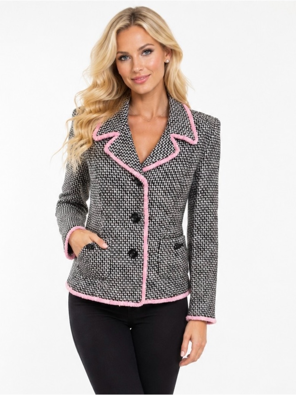 Bigio Collection Womens Blazer Size 12 Black White Pink Tweed Fringe Lined